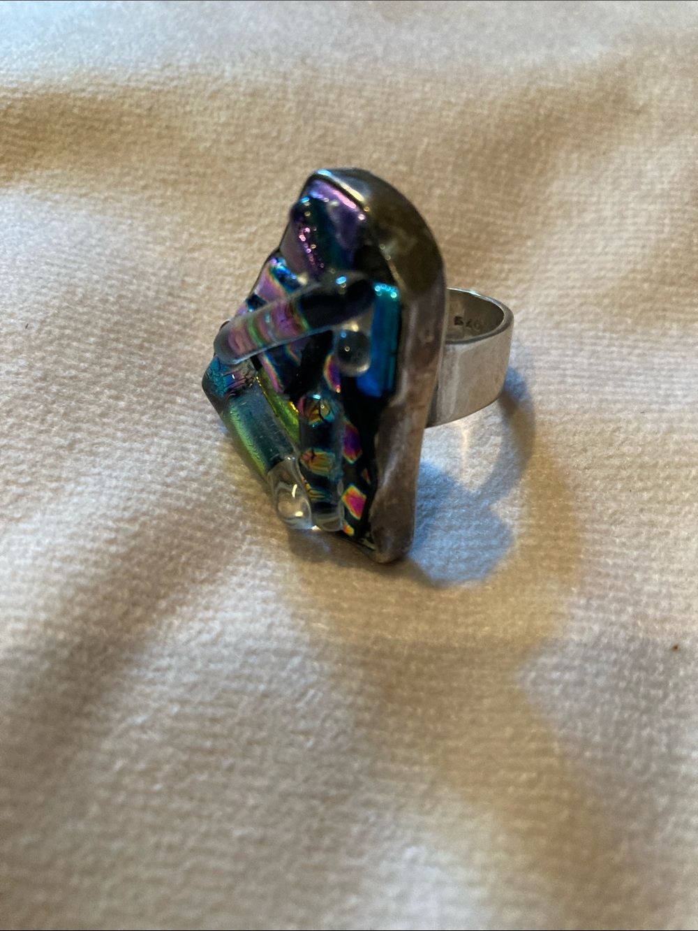 Sterling Silver Ring with Multi Colored Stones and Iridescent Glass.